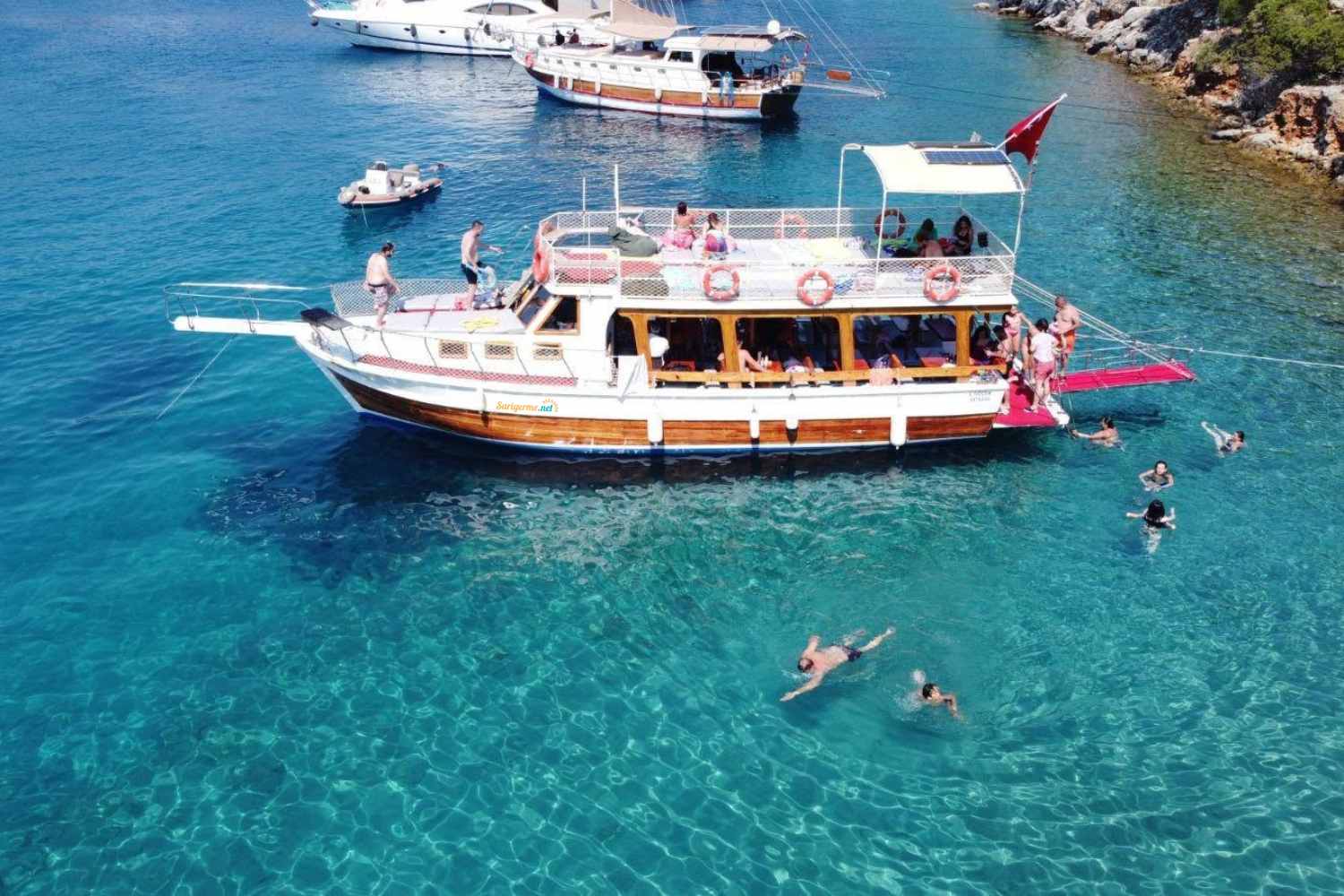 Double Decker Boat for 12 Island Boat Trip from Sarigerme in Gocek Bays.