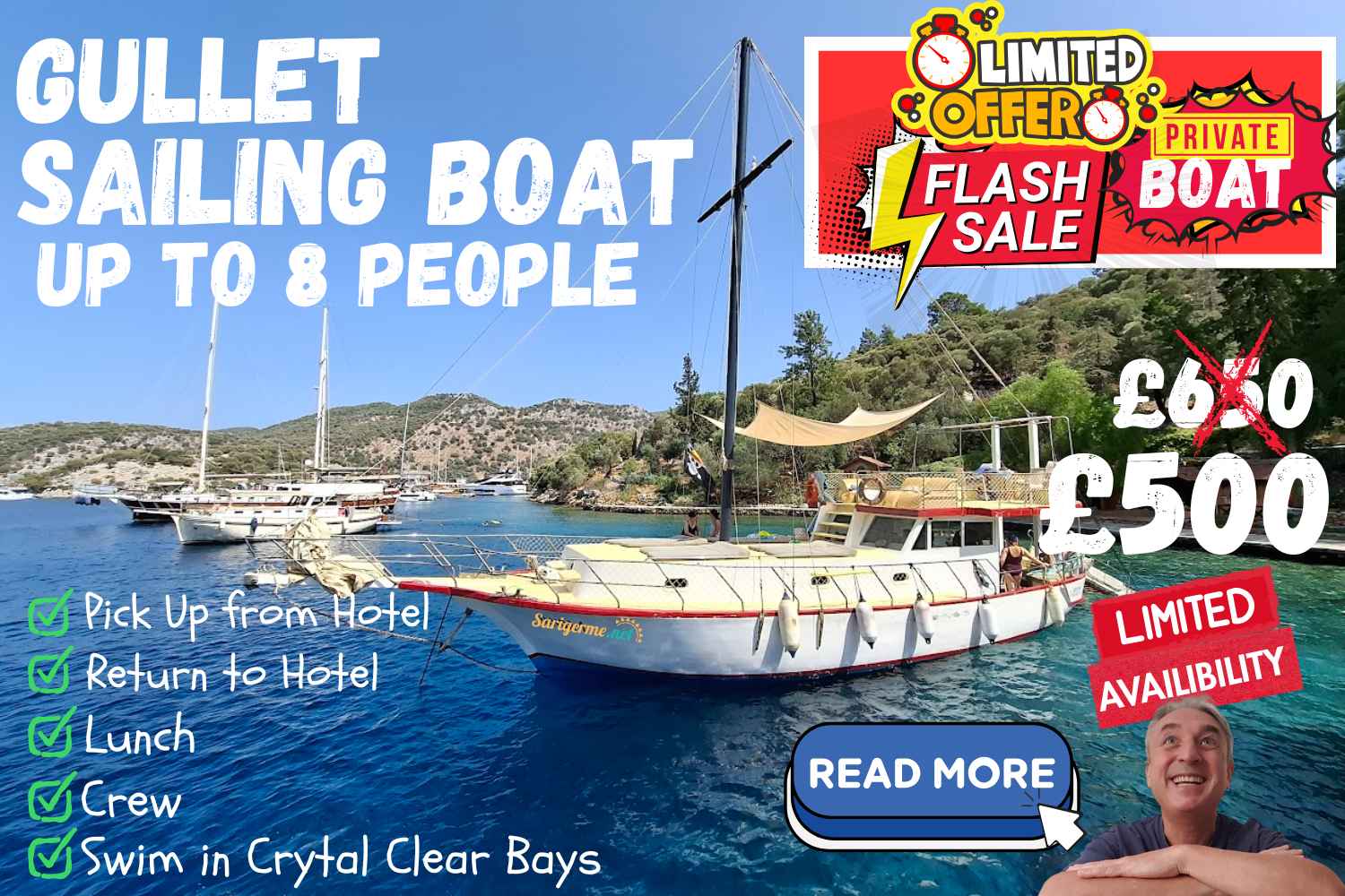 Private Boat Hire with Crew and Lunch, Transfer to the Boat and return to Hotel are included. Pick Up from Dalaman Sarigerme, Koycegiz and Dalyan. Boat is in Gocek