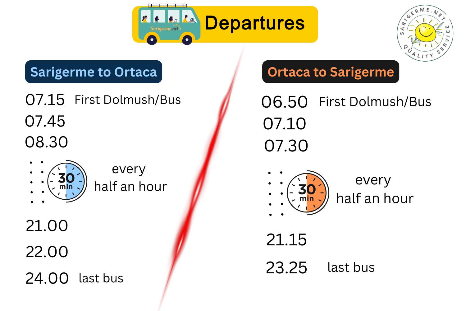 Sarigerme Shuttle Bus Departure Times from Sarigerme to Ortaca and from Ortaca to Sarigerme.