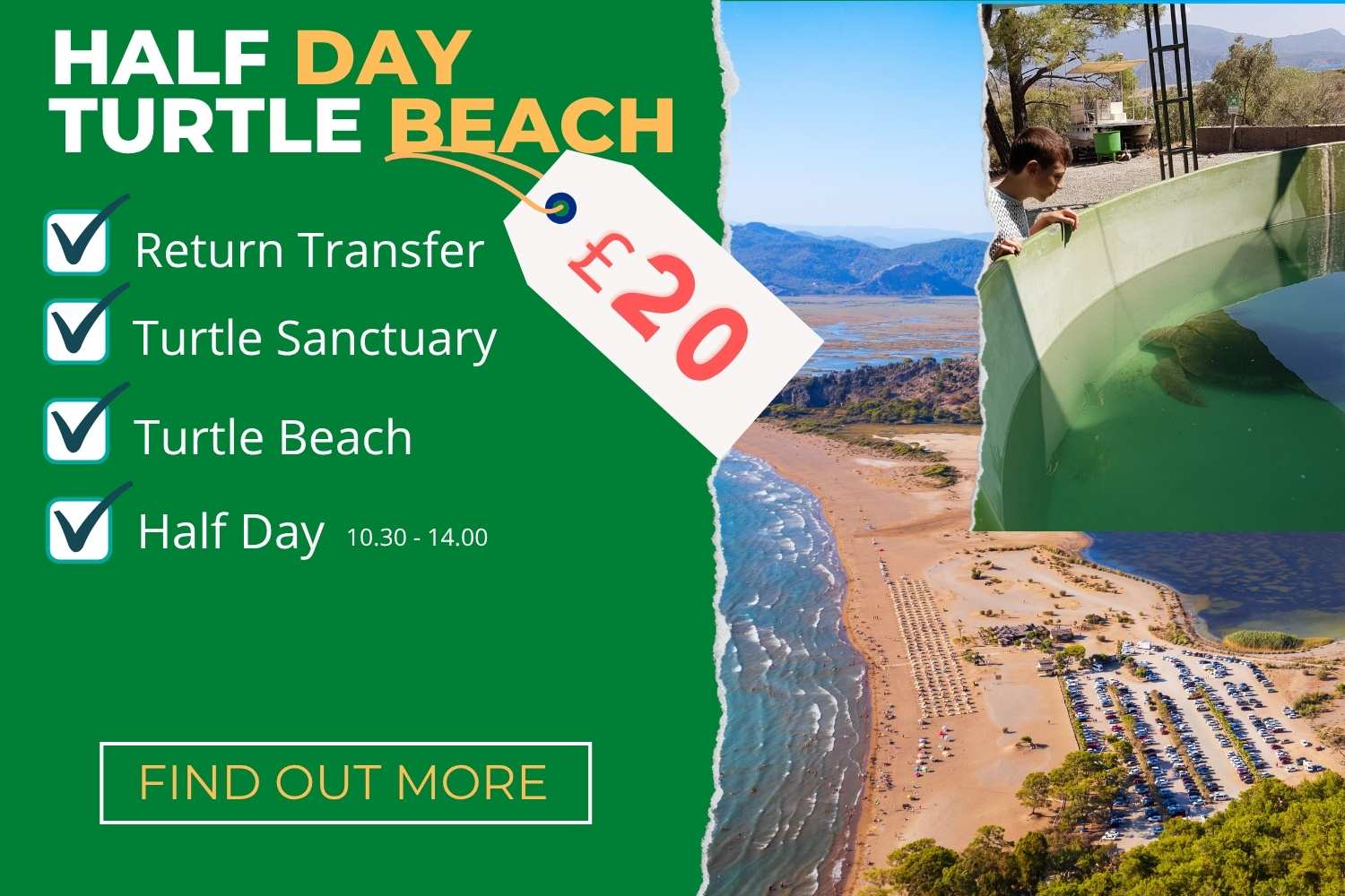 Half Day Turtle Beach and Turtle Sanctuary. Starts at 10.30 pick up from Hotels. Return no later then 2pm. Transfer and Entrance fees are inlcuded.