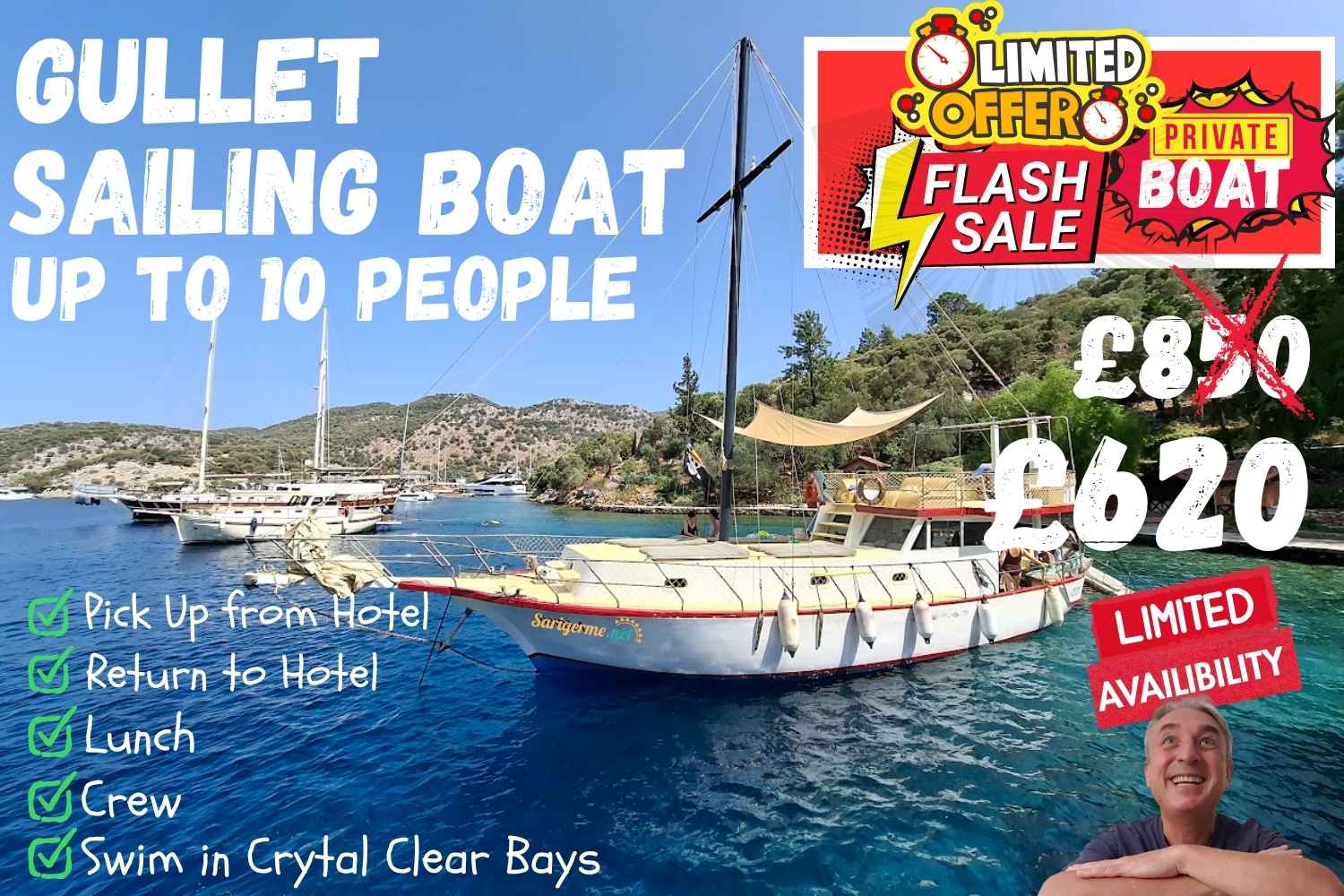 SAILING BOAT PRIVATE HIRE Private Boat Hire in Sarigerme Dalaman. Transfers and Lunch included